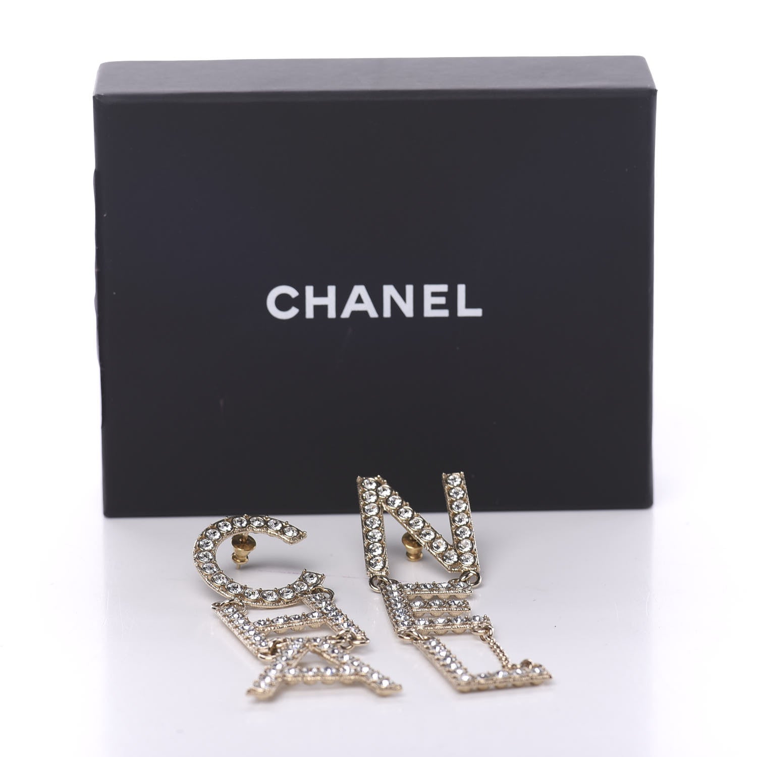 Chanel Crystal Cha-Nel Logo Drop Earrings Gold 5 of 5