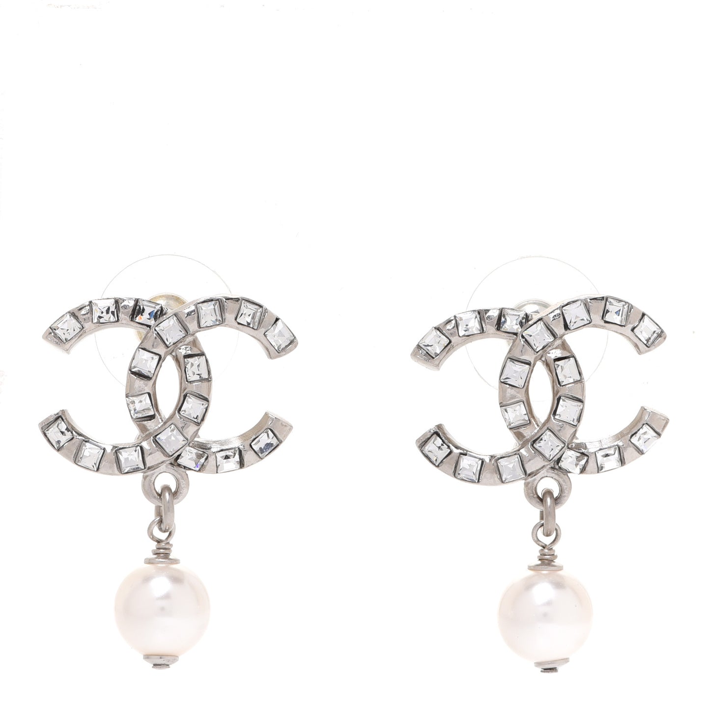 Crystal Baguette Pearl CC Drop Earrings Silver