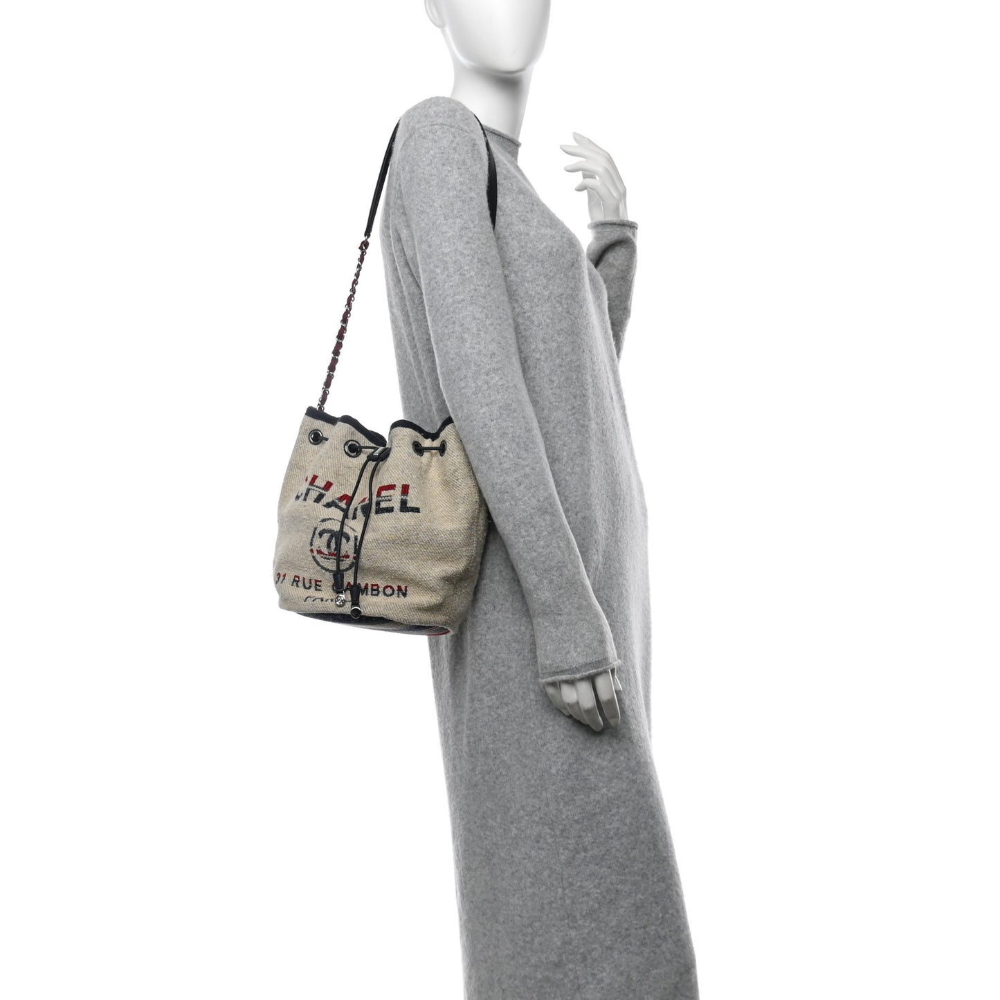 Striped Canvas Deauville Drawstring Bag Beige