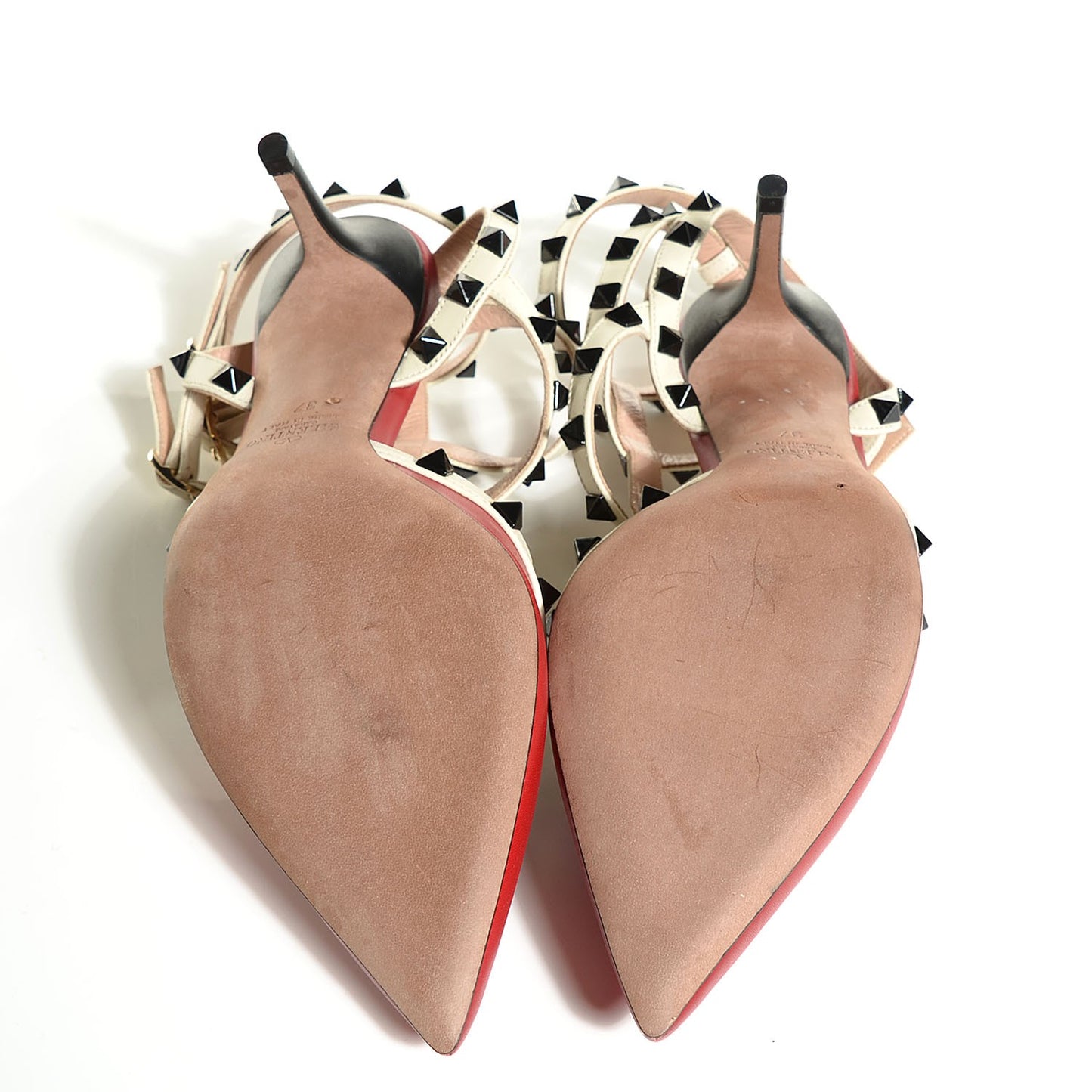 Nappa Rockstud Ankle Strap Low Heel Pumps 37 Red Ivory