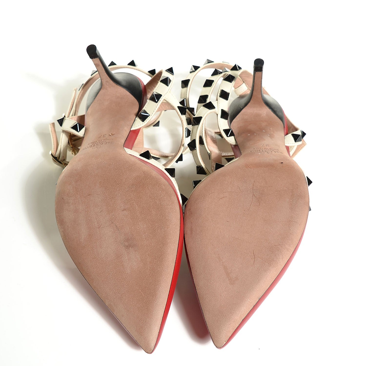 Valentino Garavani Nappa Rockstud Ankle Strap Low Heel Pumps 37 Red Ivory 5 of 7