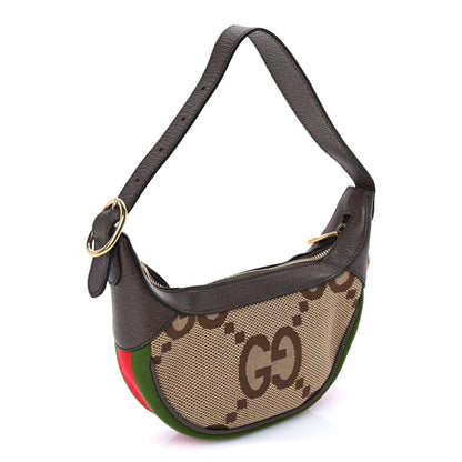 Gucci Monogram Jumbo GG Textured Dollar Calfskin Web Mini Ophidia Half Moon Hobo Camel Ebony New Acero 2 of 8
