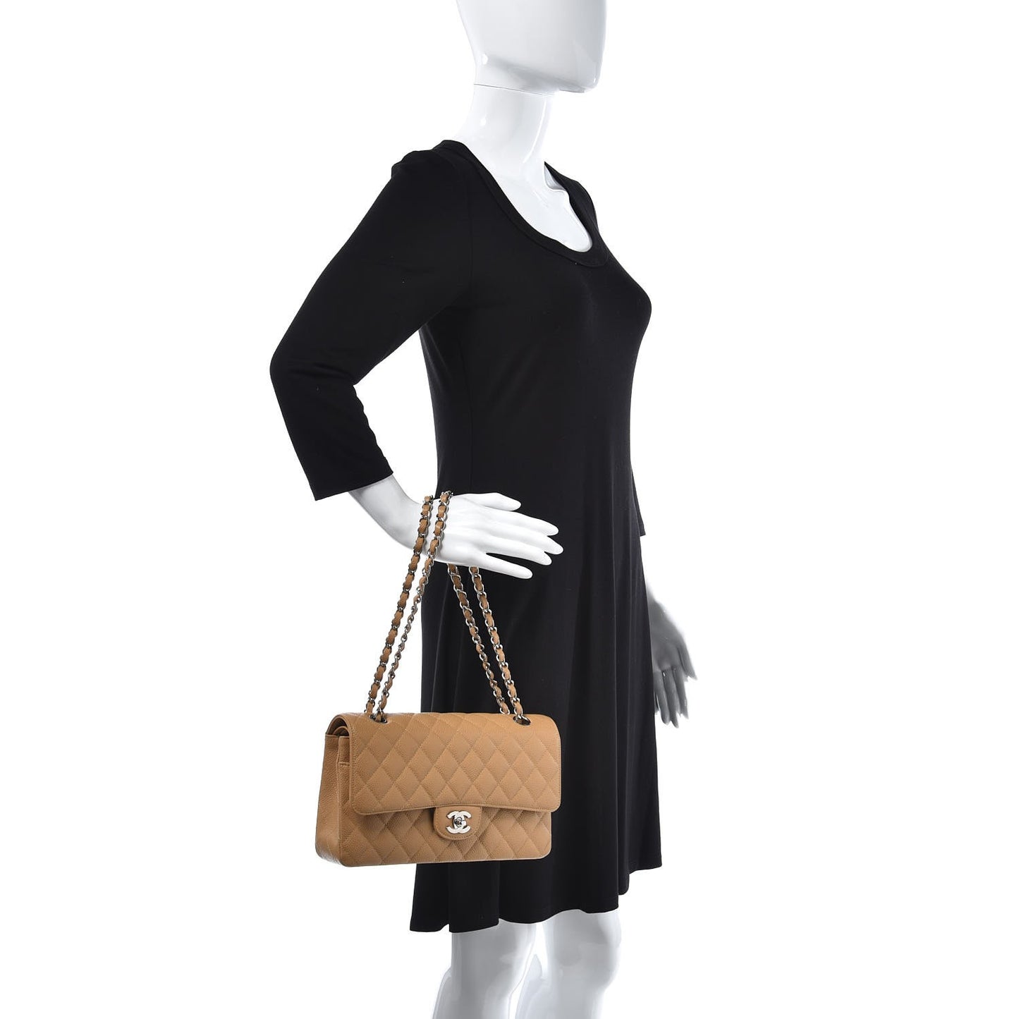 Caviar Quilted Medium Double Flap Beige