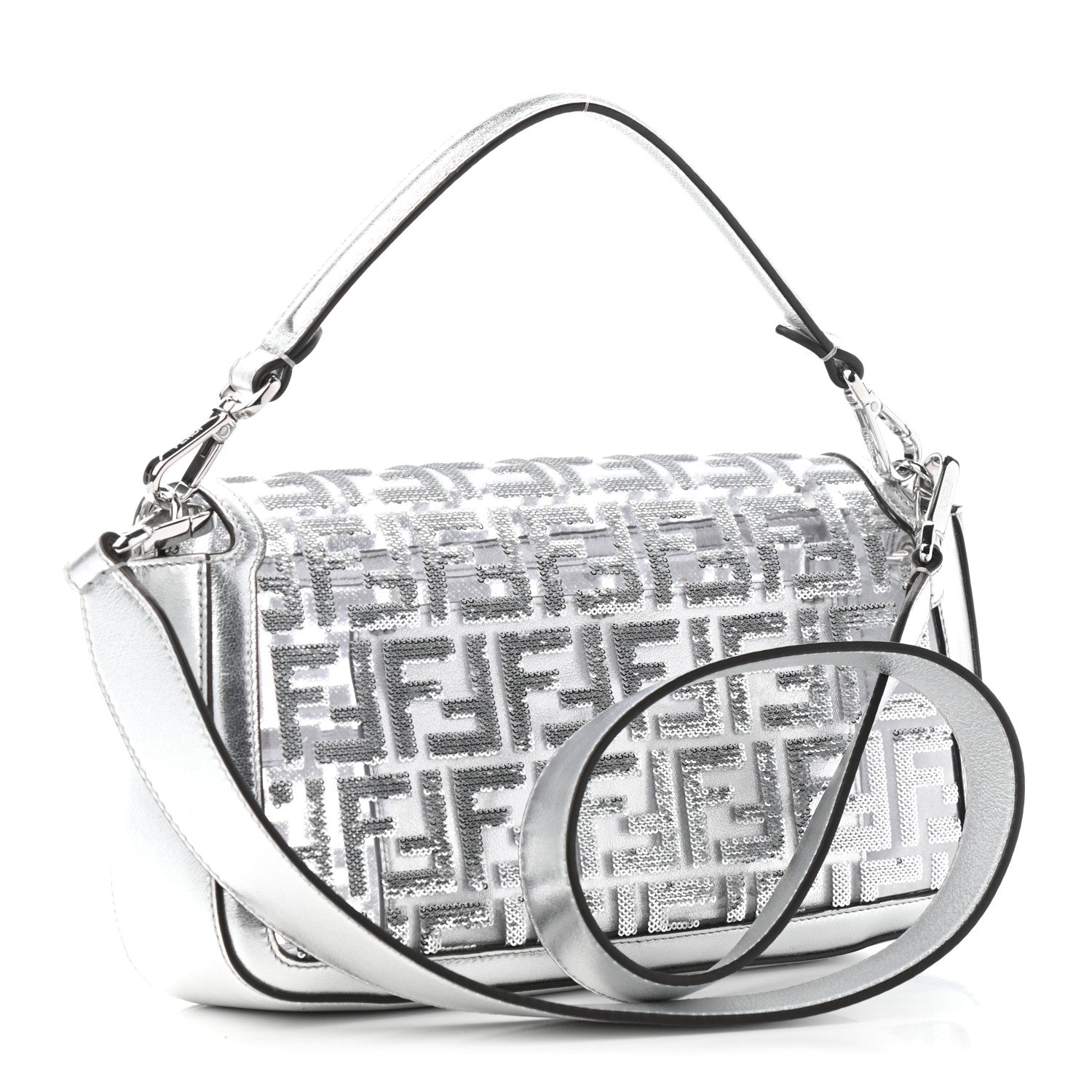 Fendi PVC Vitello Catalan Mirror Sequin FF Baguette Argento 2 of 5