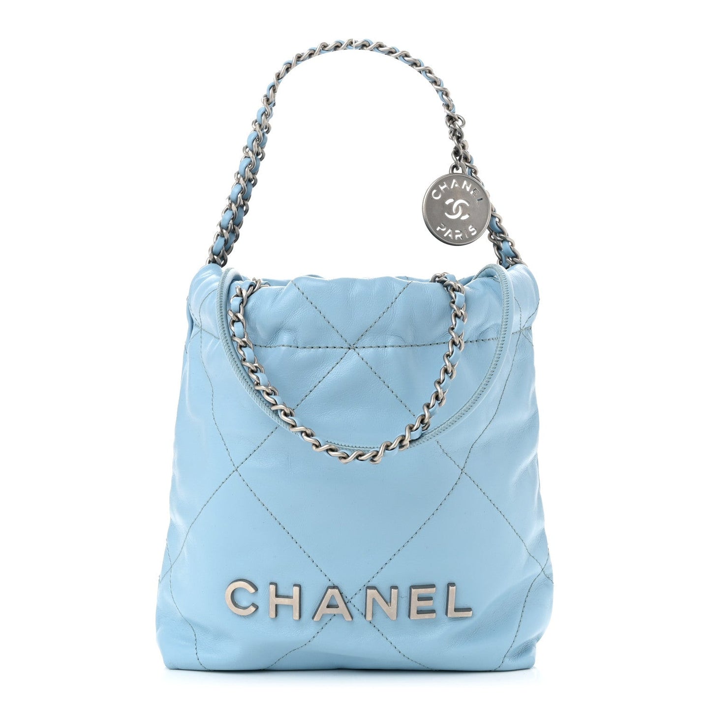 Shiny Calfskin Quilted Mini 22 Light Blue