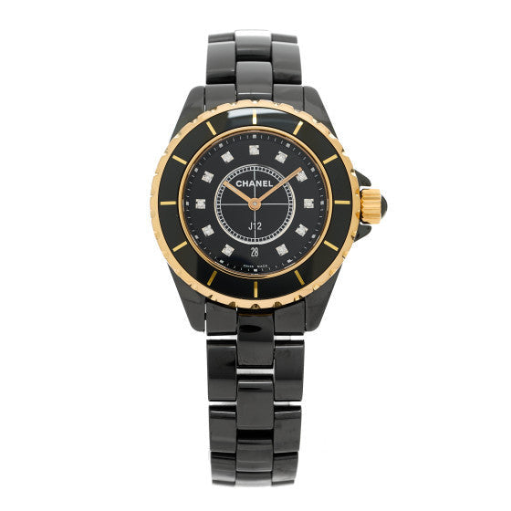 Chanel Stainless Steel 18K Yellow Gold Ceramic Diamond 33mm J12 Quartz Watch Black 1 of 1