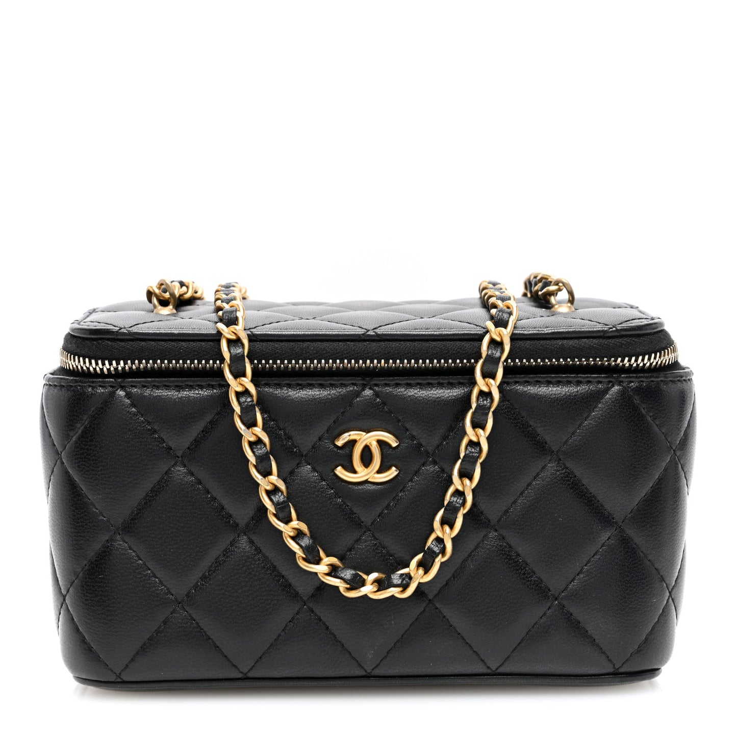 Lambskin Quilted Pearl Crush Small Vanity Case With Chain Black