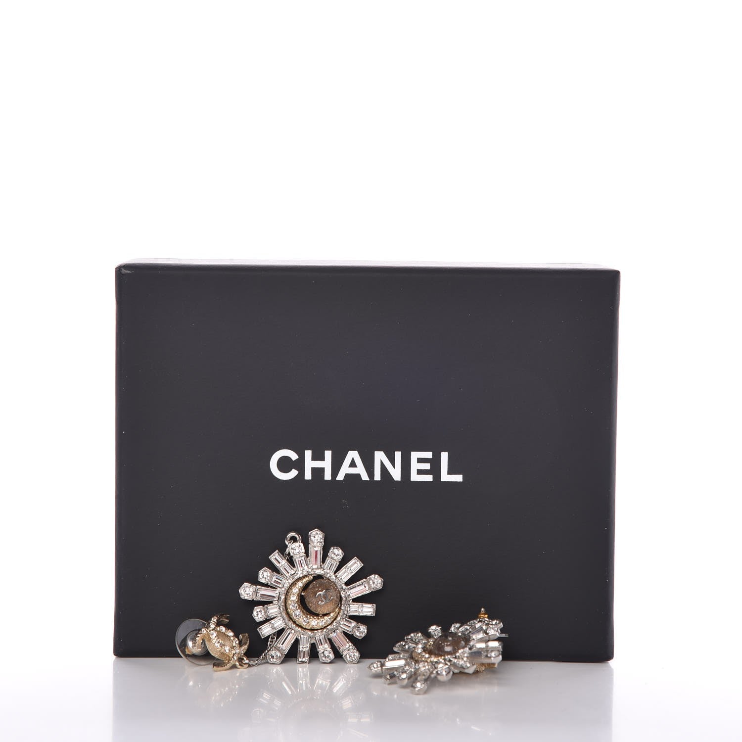 Chanel Baguette Crystal Moon CC Dangle Earrings Gold Silver 5 of 5