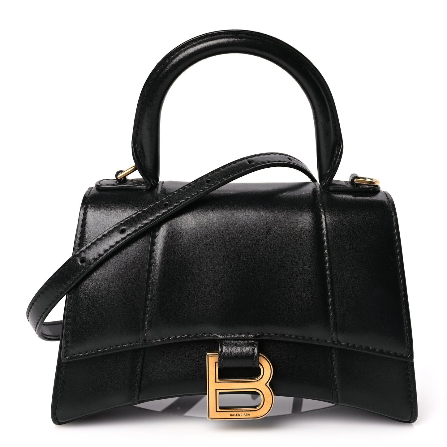 Shiny Box Calfskin Hourglass Top Handle Bag XS Black