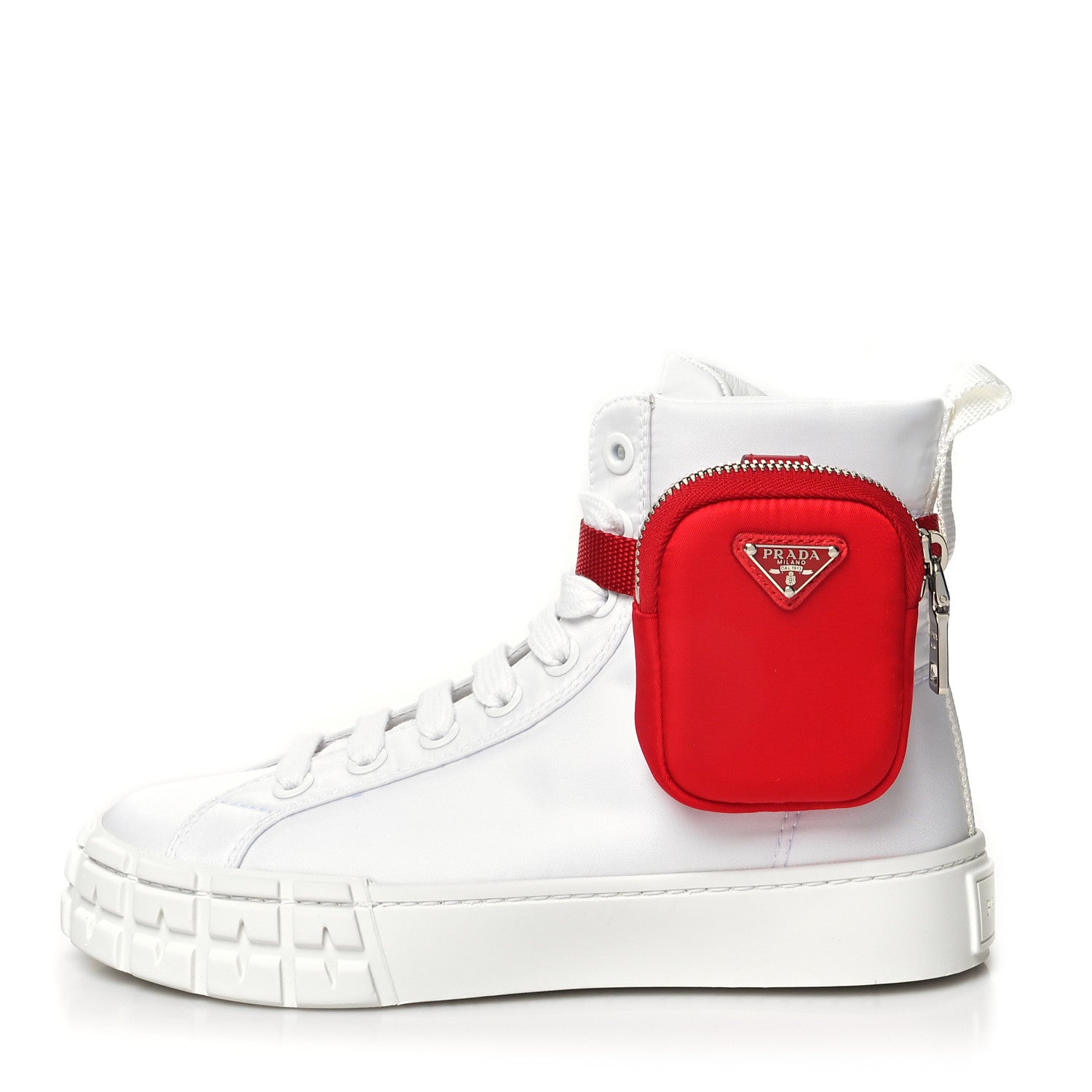 Prada Re-Nylon Gabardine Metal Triangle Logo Wheel Pouch Pocket High Top Sneakers 37 White Red 1 of 9
