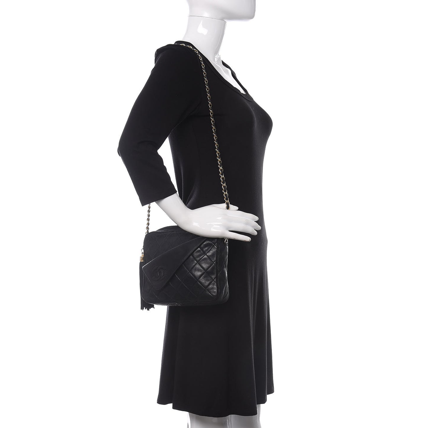 Lambskin Quilted Flap Tassel Camera Case Black