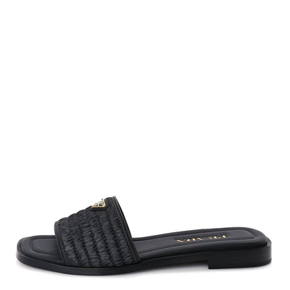 Prada Raffia Metal Triangle Logo 10mm Slide Sandals 39  Black 1 of 8