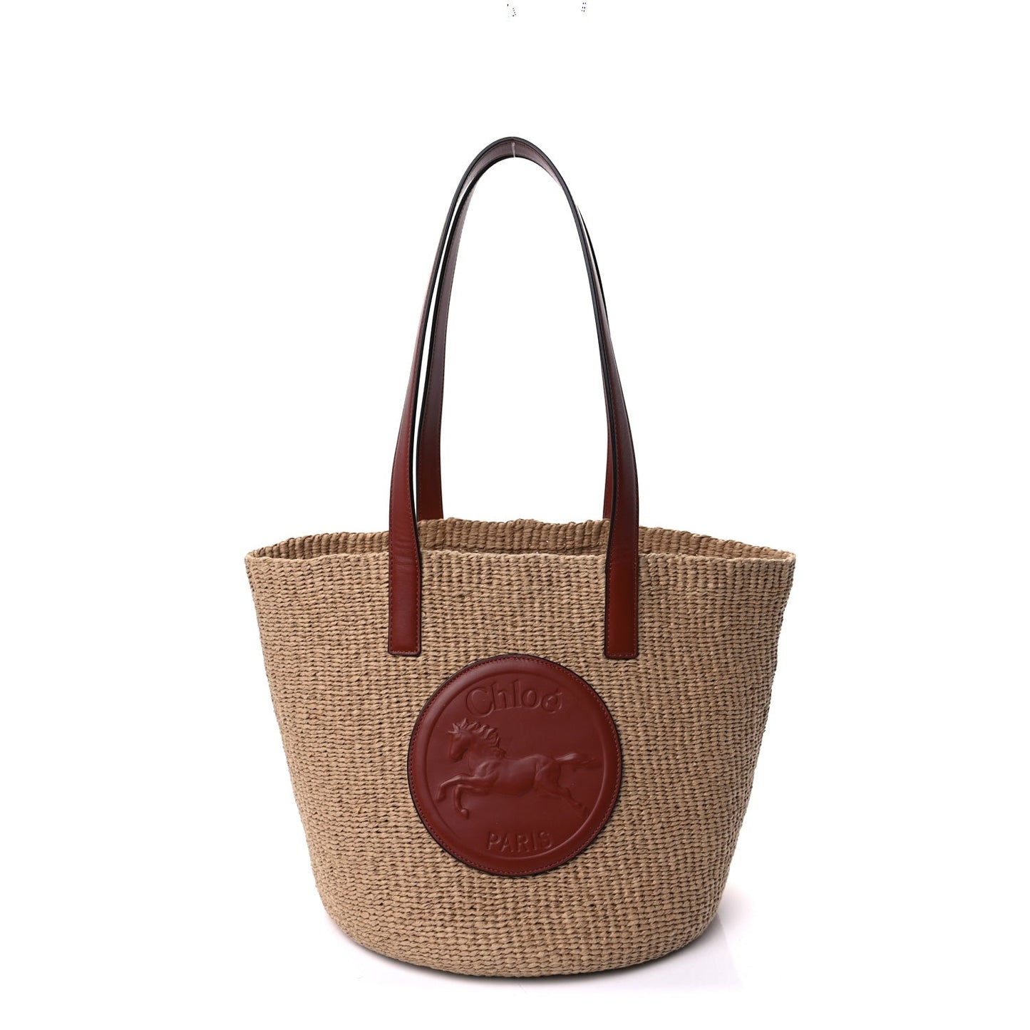 Raffia Calfskin Horse Medal Large Basket Tote  Sepia Brown