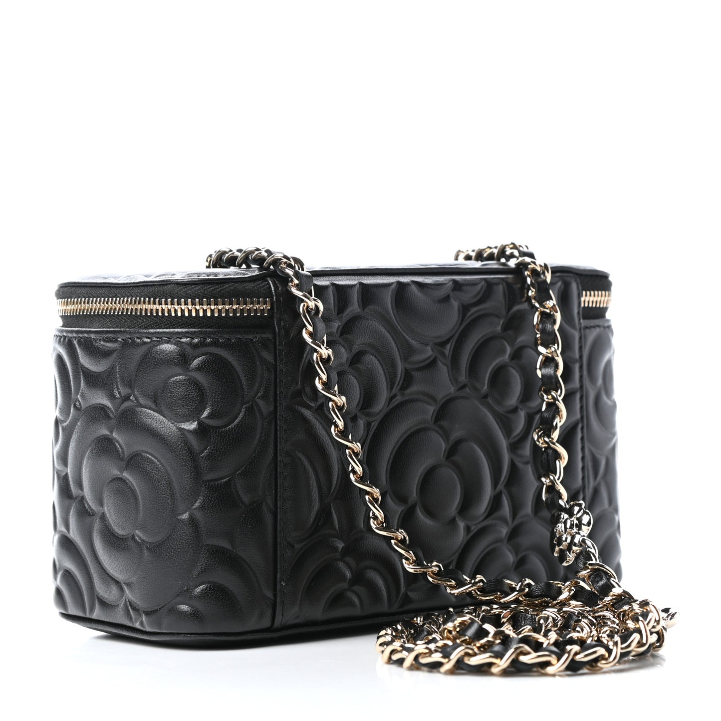 Lambskin Camellia Embossed Small Vanity Case With Chain Black