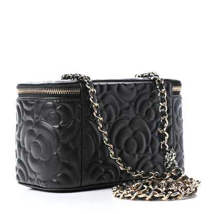 Chanel Lambskin Camellia Embossed Small Vanity Case With Chain Black 4 of 11