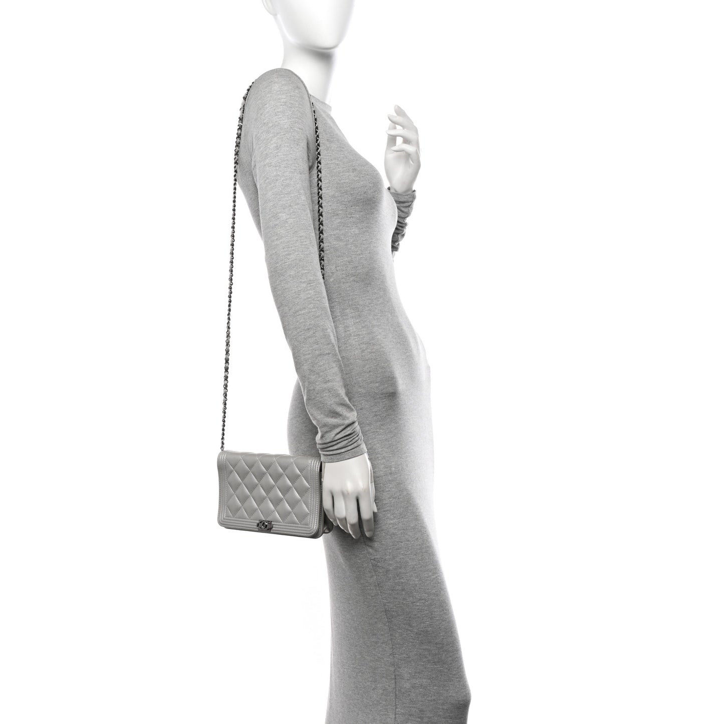 Metallic Caviar Quilted Boy Wallet On Chain WOC Silver