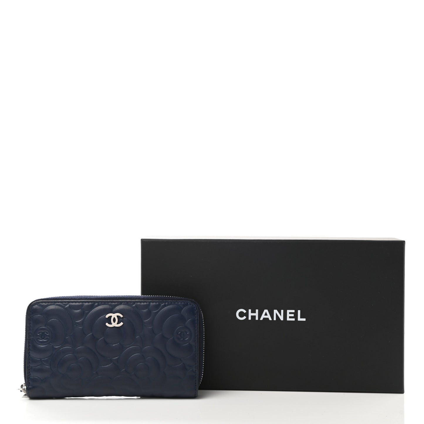 Lambskin Camellia Embossed Medium Zip Around Wallet Navy