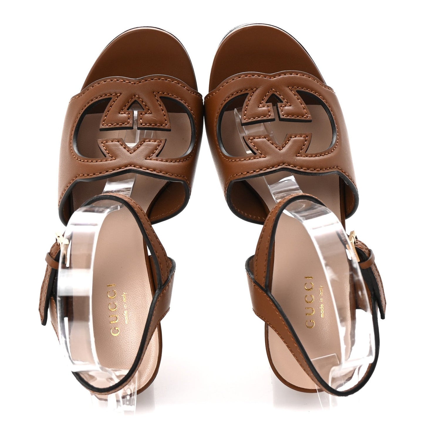 Cosmos Softy Calfskin Wooden InterLocking G Cut-Out 30/120mm Platform Sandals 36.5 Cuir