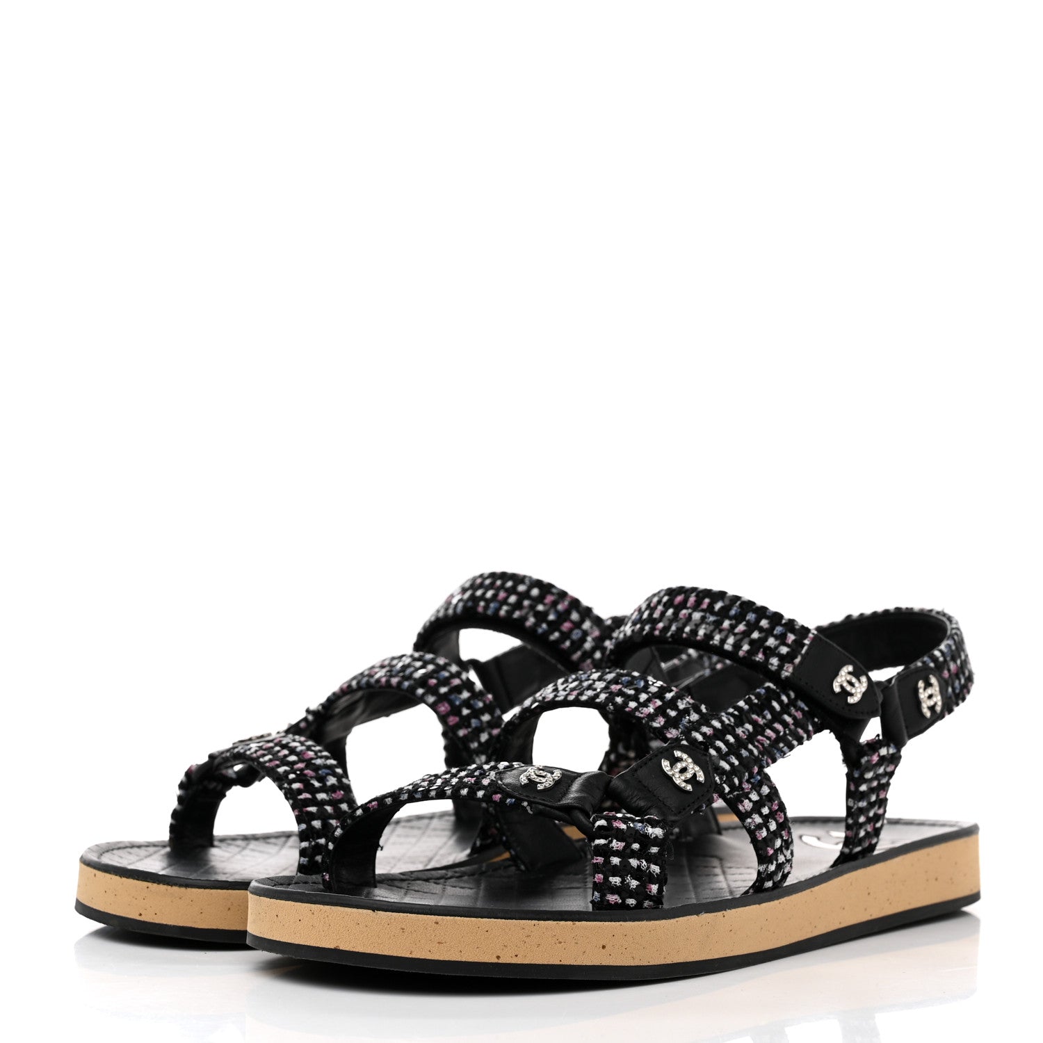 Chanel Tweed Lambskin Crystal CC Sandals 41 Black Multicolor 3 of 9