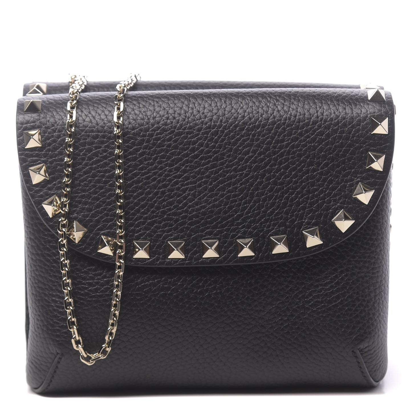 Pebbled Calfskin Rockstud Pouch On Chain Black