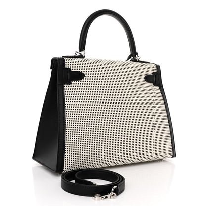 Hermes Toile Quadrille Swift Kelly Sellier 28 Ecru White Black 3 of 13