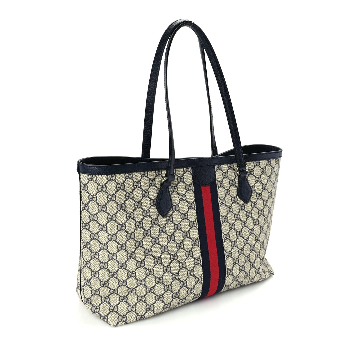 GG Supreme Monogram Textured Calfskin Web Medium Ophidia Shopping Tote Beige Blue