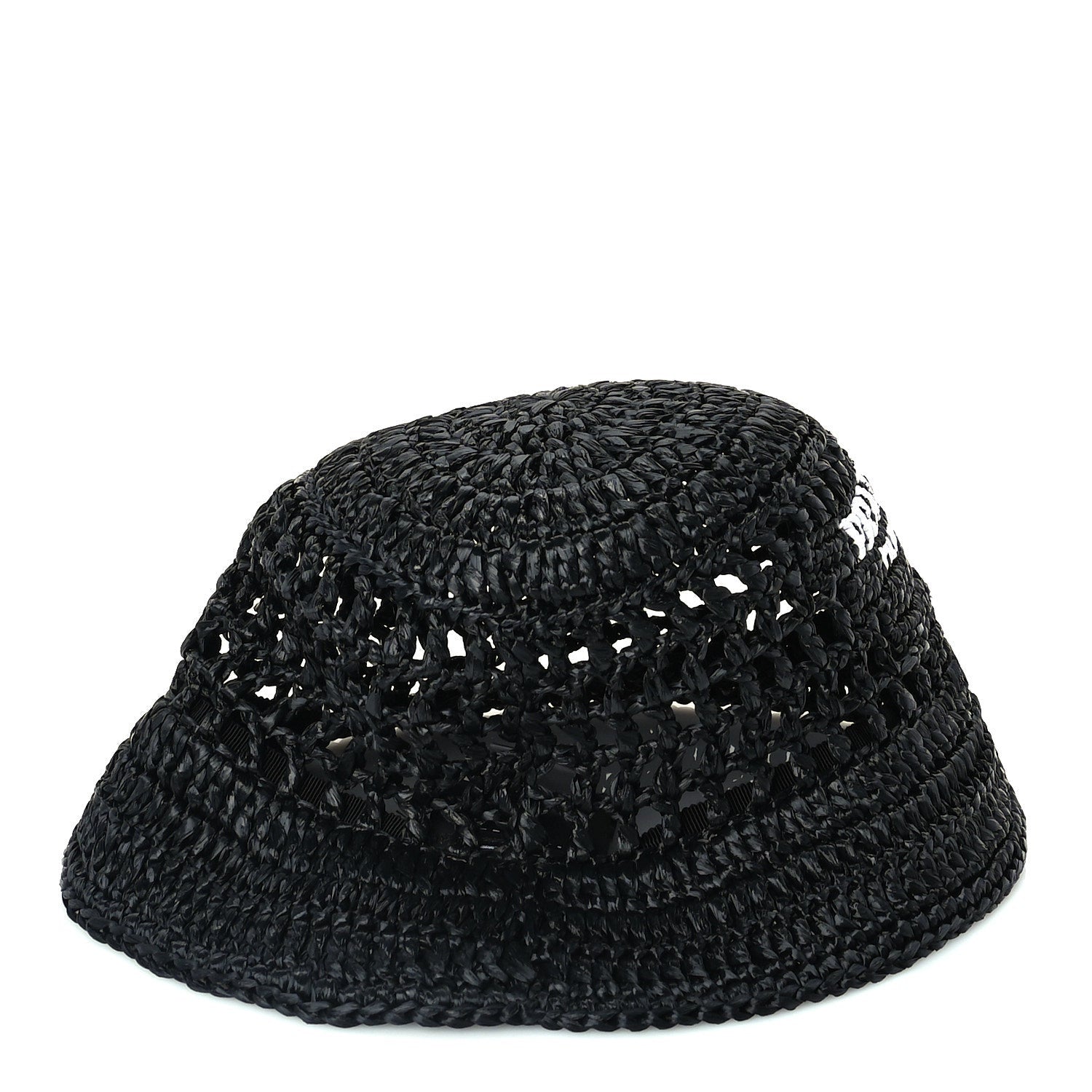 Prada Yarn Raffia Effect Crochet Logo Embroidered Womens Bucket Hat M Black 3 of 6