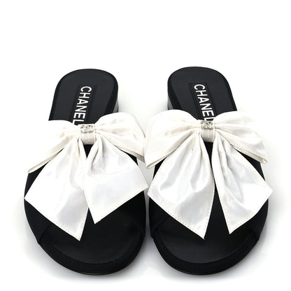 Chanel Silk Bow CC Mules 37  Black White 2 of 9