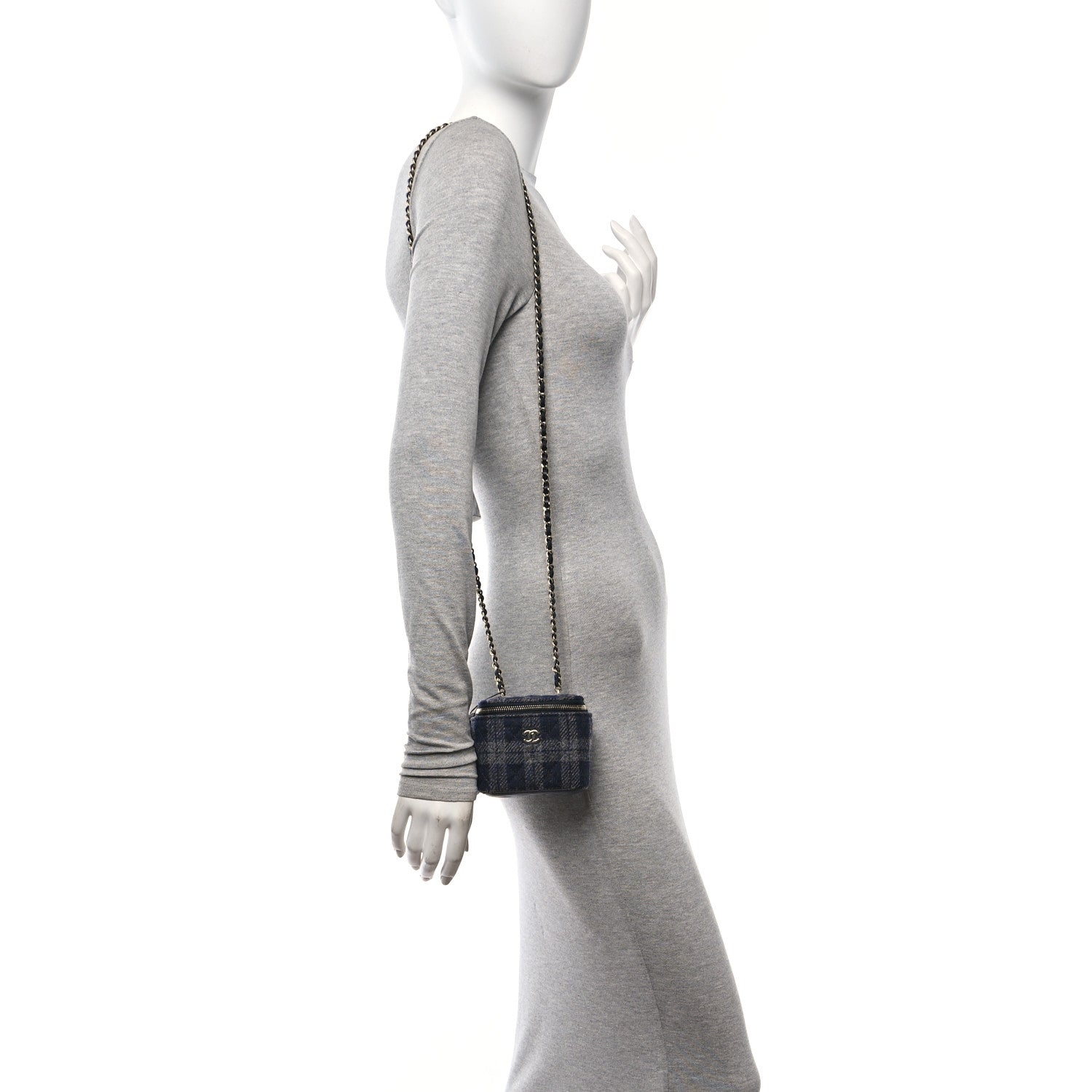 Chanel Wool Plaid Quilted Mini Vanity Case With Chain Blue 3 of 12