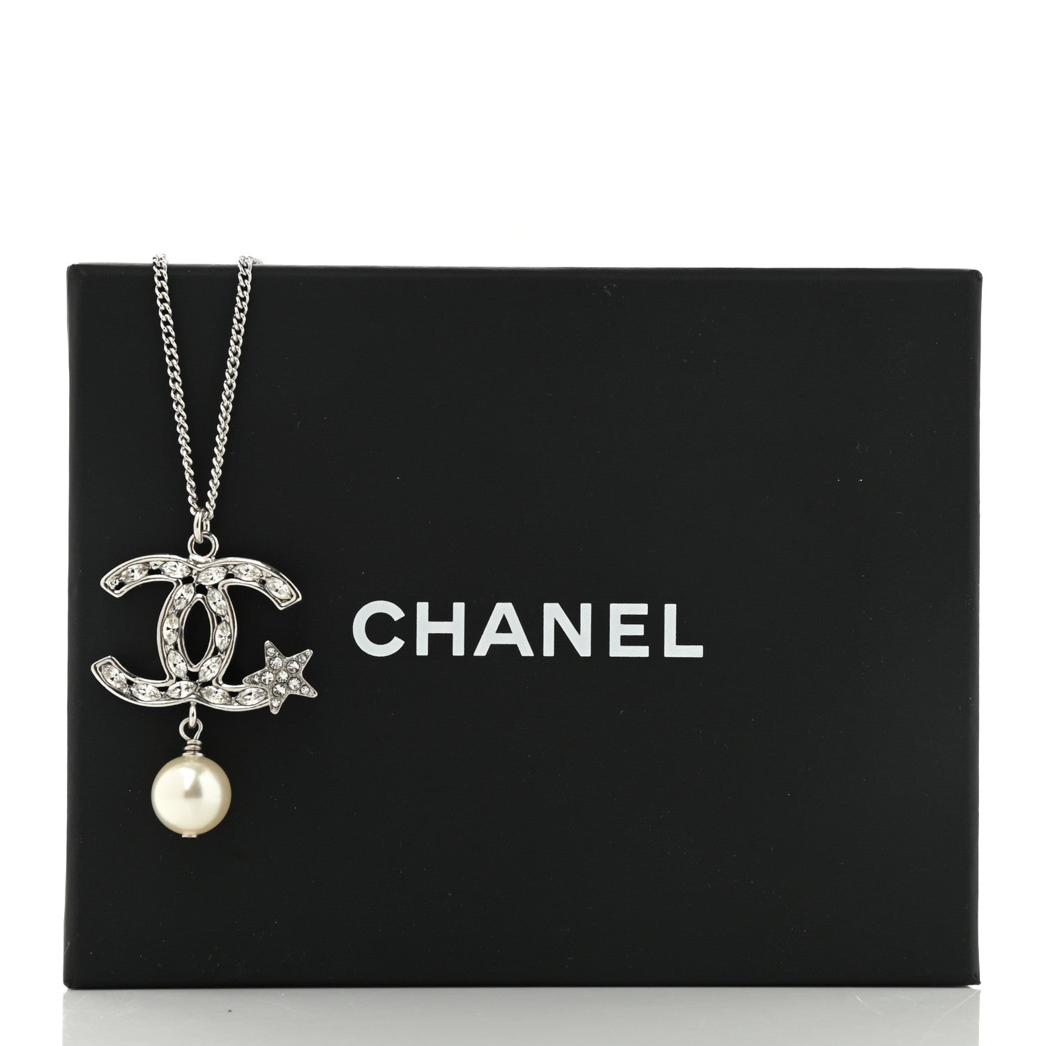 Chanel Crystal CC Star Pearl Drop Necklace Silver 6 of 6