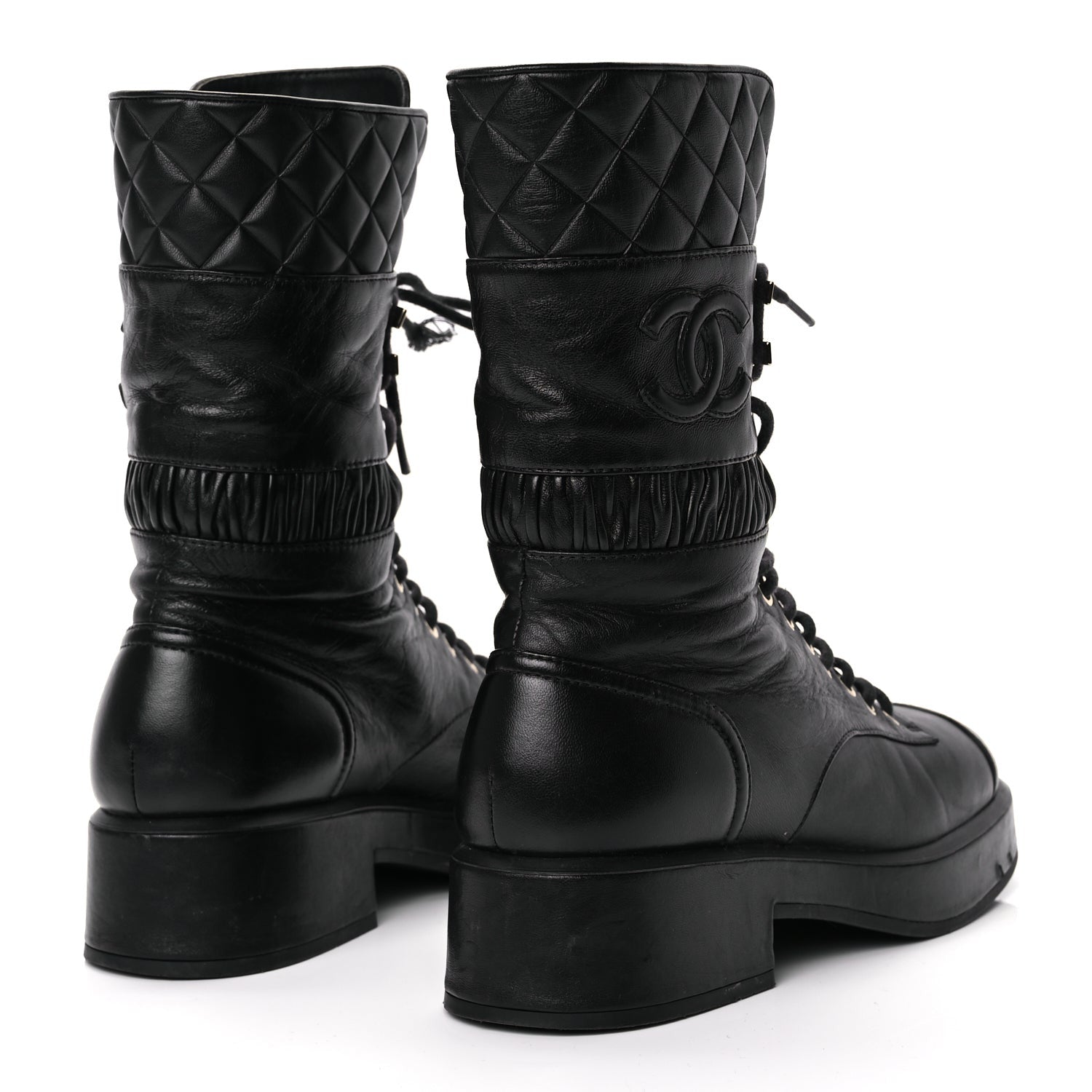 Chanel Lambskin Quilted Lace Up Combat Boots 37 Black 4 of 12
