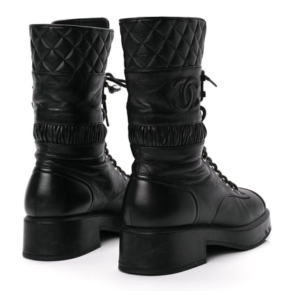 Chanel Lambskin Quilted Lace Up Combat Boots 37 Black 4 of 12
