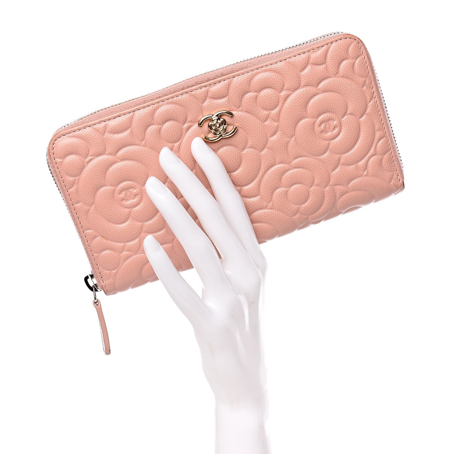 Caviar Camellia Embossed Zip Around Large Gusset Wallet Nude