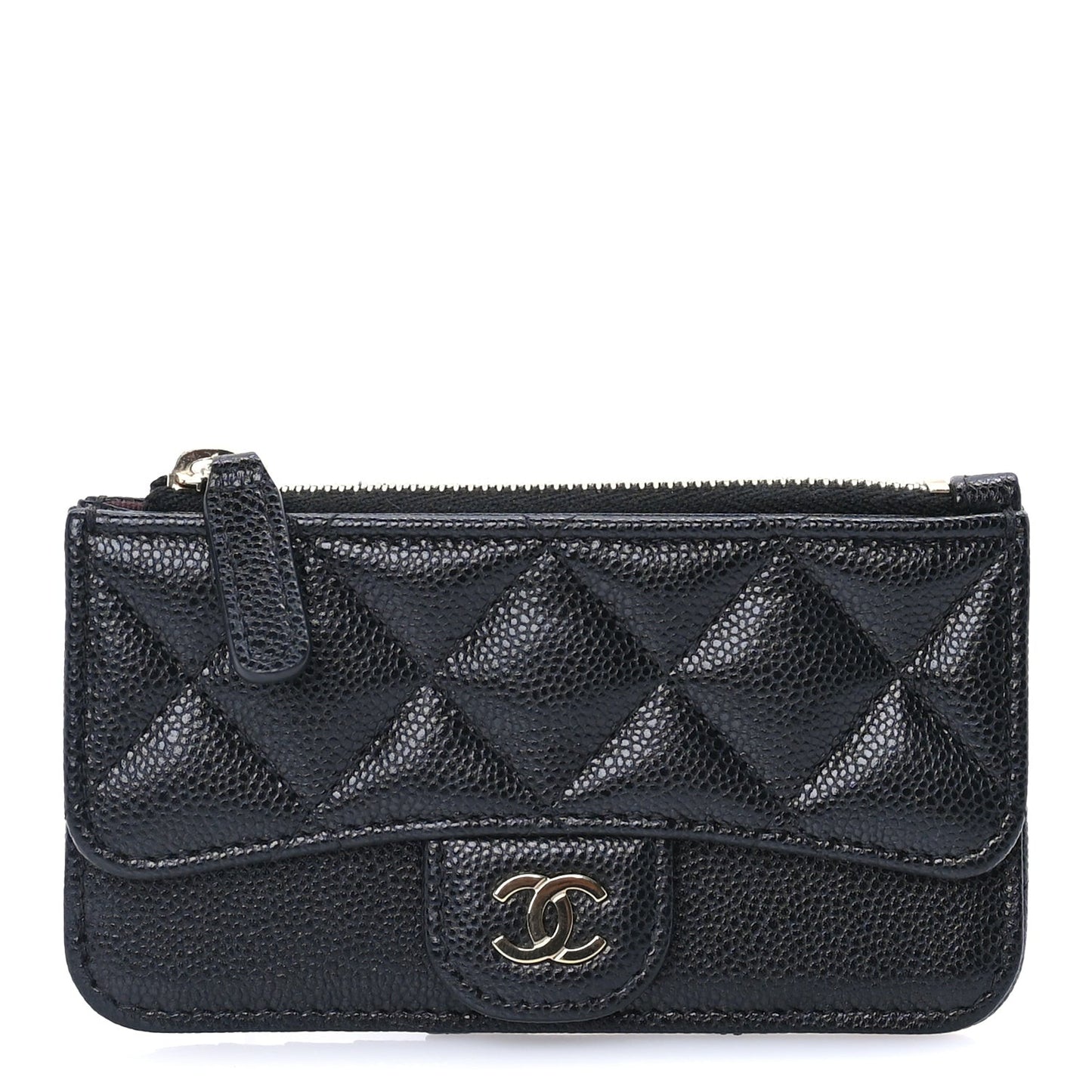 Caviar Quilted Flap Zip Card Holder Black