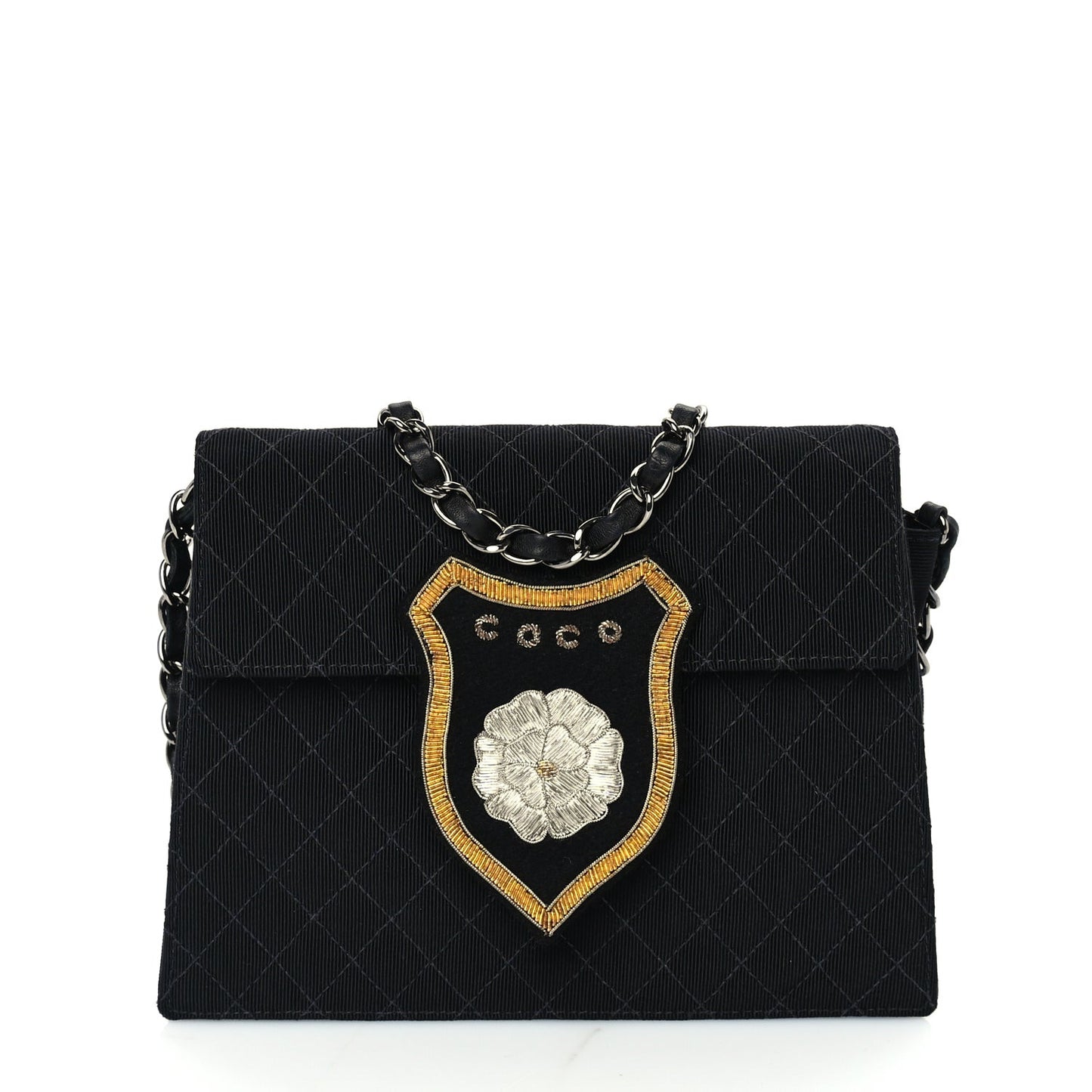 Grosgrain Fabric Quilted Coco Crest Single Flap  Black