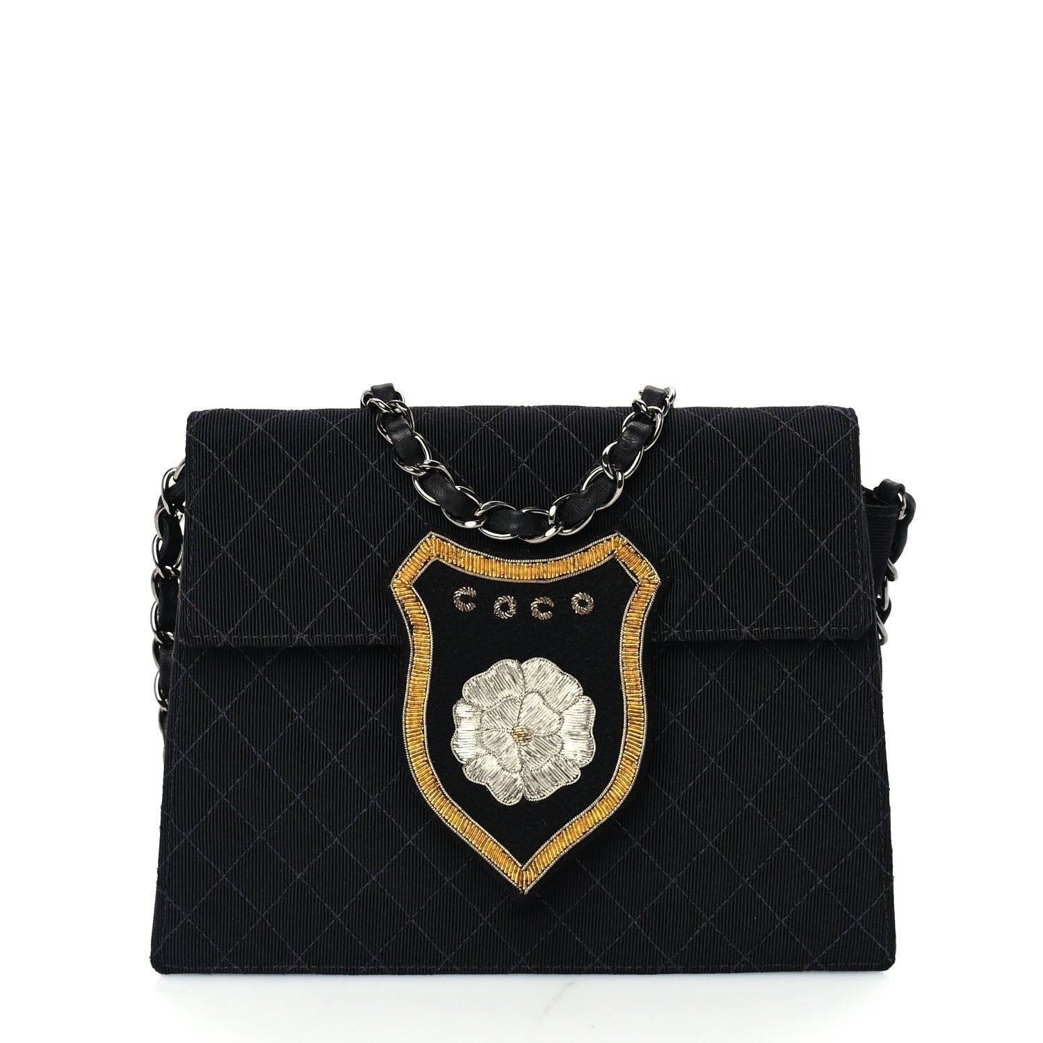 Chanel Grosgrain Fabric Quilted Coco Crest Single Flap  Black 1 of 9