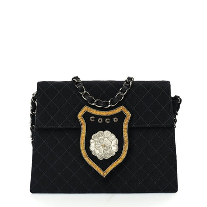 Chanel Grosgrain Fabric Quilted Coco Crest Single Flap  Black 1 of 9