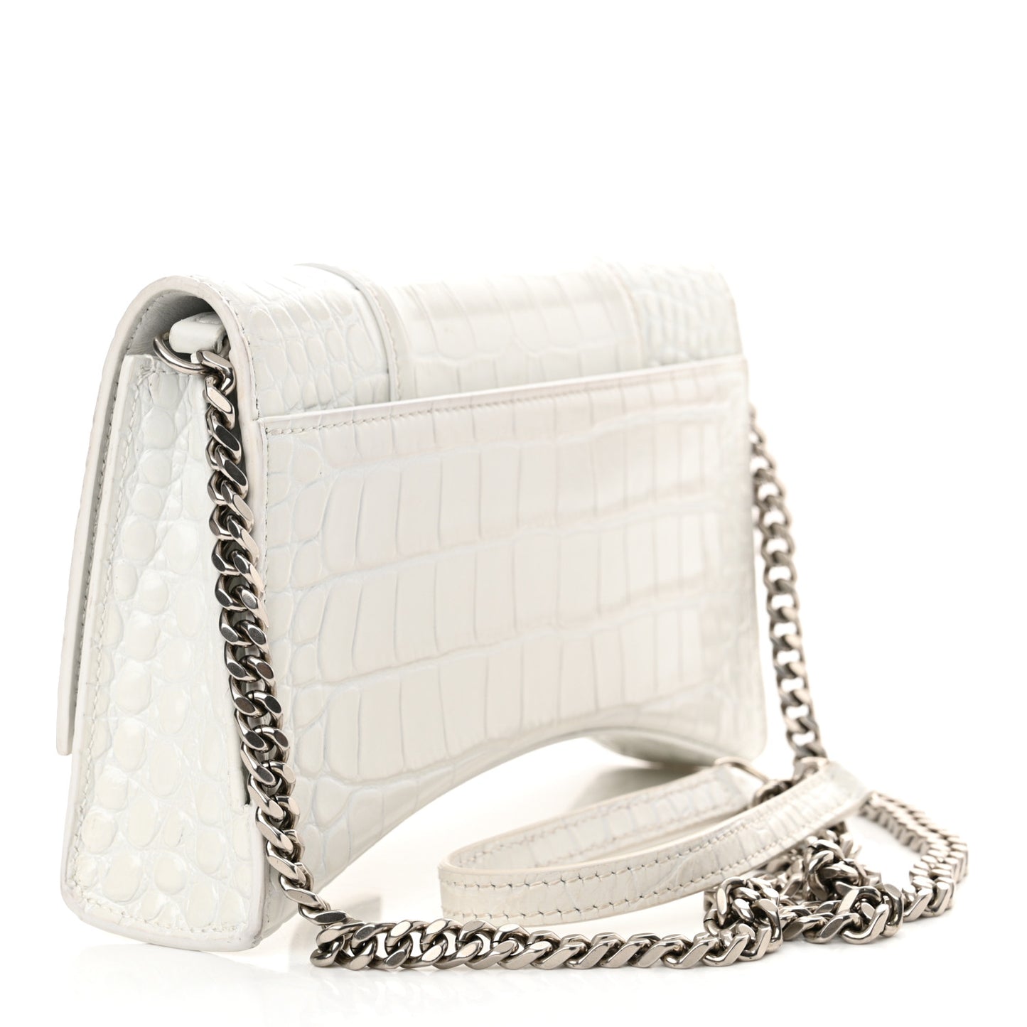 Shiny Calfskin Crocodile Embossed Small Hourglass Evening Chain Bag White