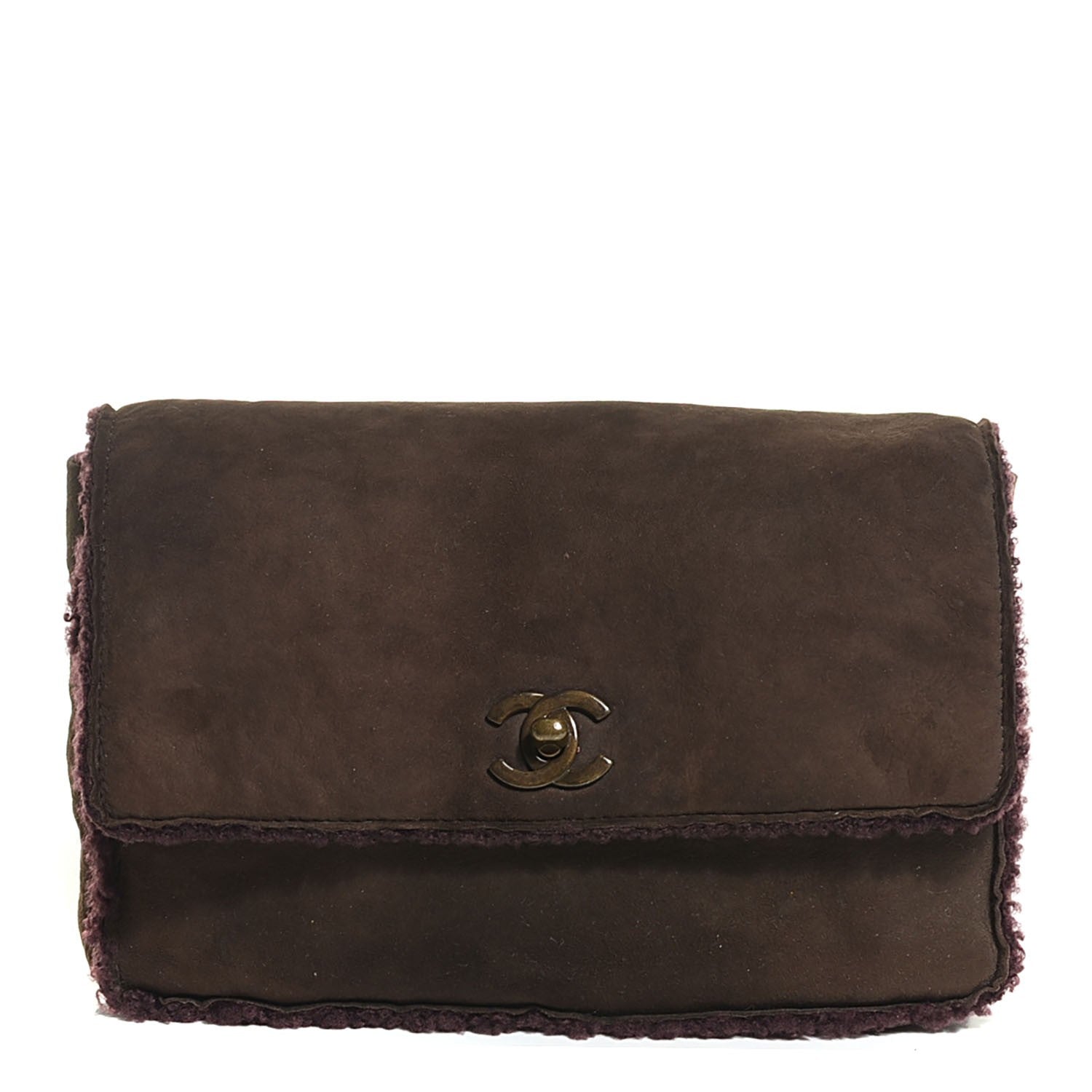 Chanel Suede Shearling Flap Clutch Brown Purple 1 of 8