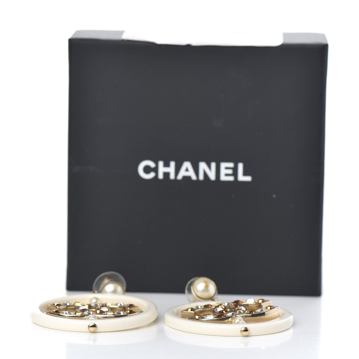 Chanel Resin Crystal Baguette Pearl CC Drop Hoop Earrings Gold White 6 of 6