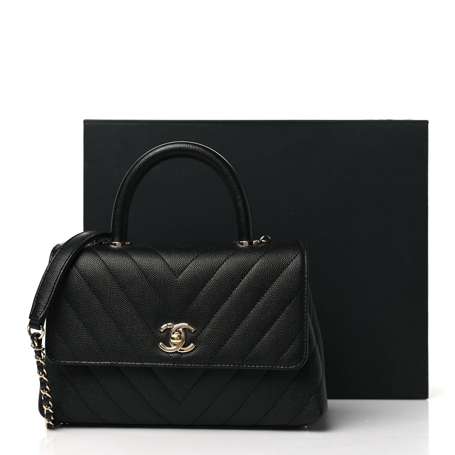 Caviar Chevron Quilted Mini Coco Handle Flap Black