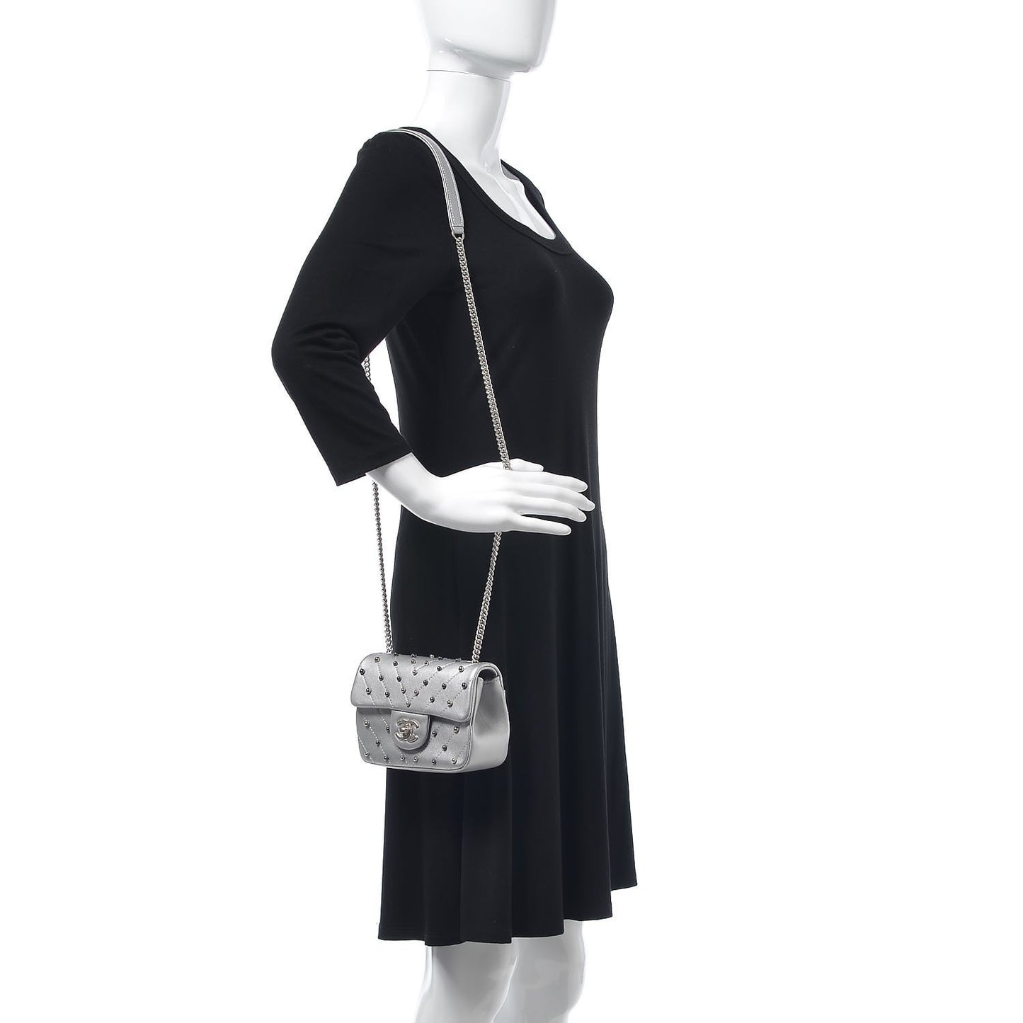 Metallic Lambskin Chevron Quilted Studded Mini Flap Silver