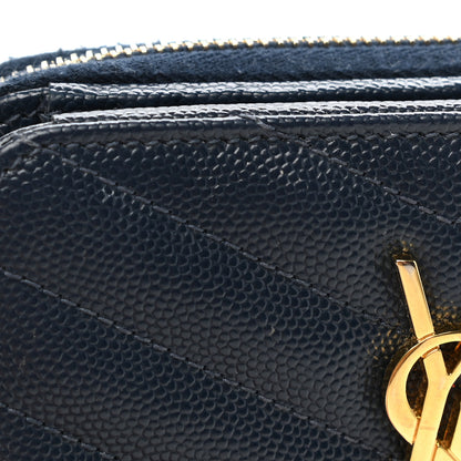 Saint Laurent Grain De Poudre Matelasse Chevron Monogram Compact Zip Around Wallet Deep Marine 11 of 12