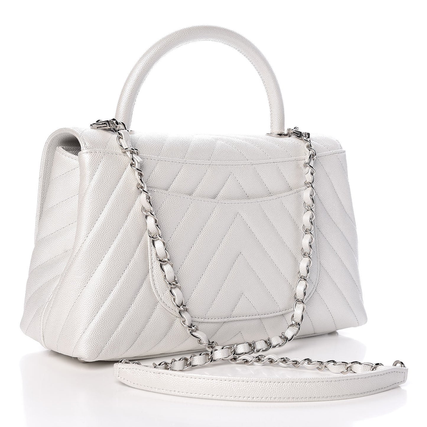 Iridescent Caviar Chevron Quilted Small Coco Handle Flap White