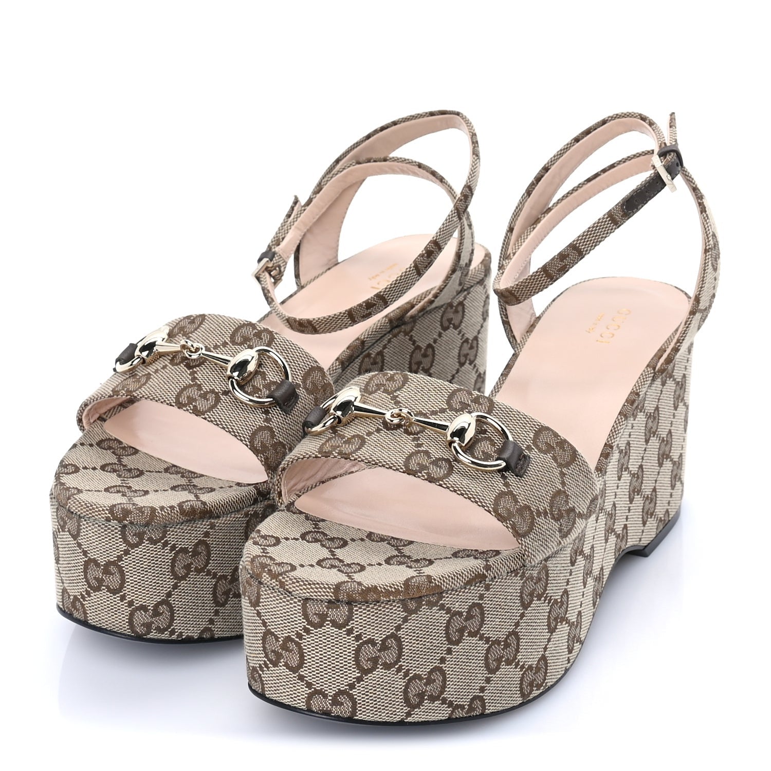 Gucci Monogram Nappa Chalotte Horsebit Ankle Strap 75mm Platform Sandals 39  Beige Ebony 2 of 7