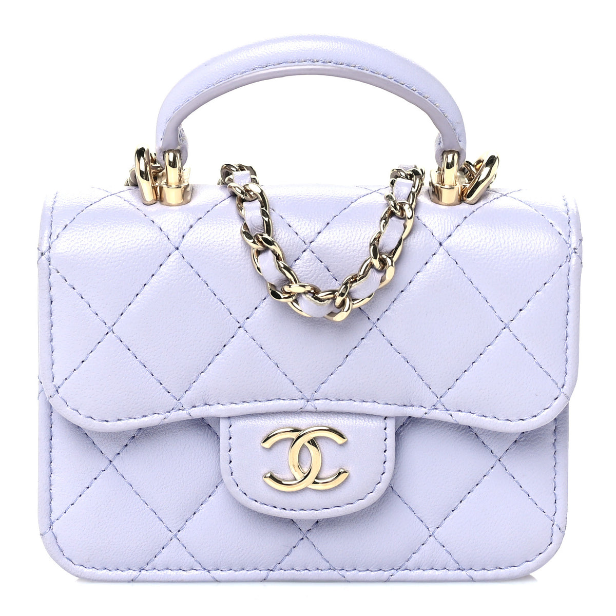 Lambskin Quilted Top Handle Flap Coin Purse With Chain Light Purple