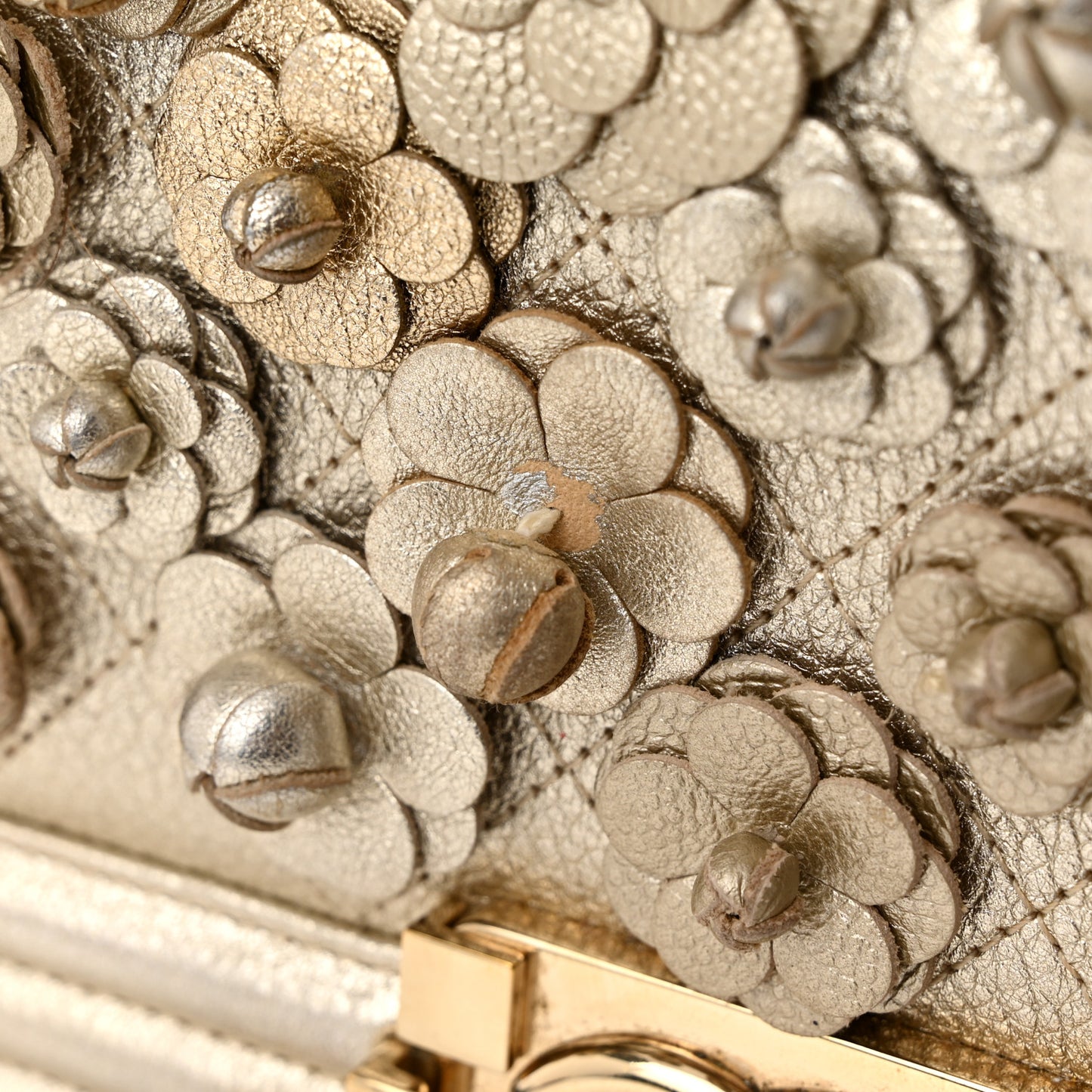 Metallic Calfskin Quilted Camellia Small Boy Flap Gold