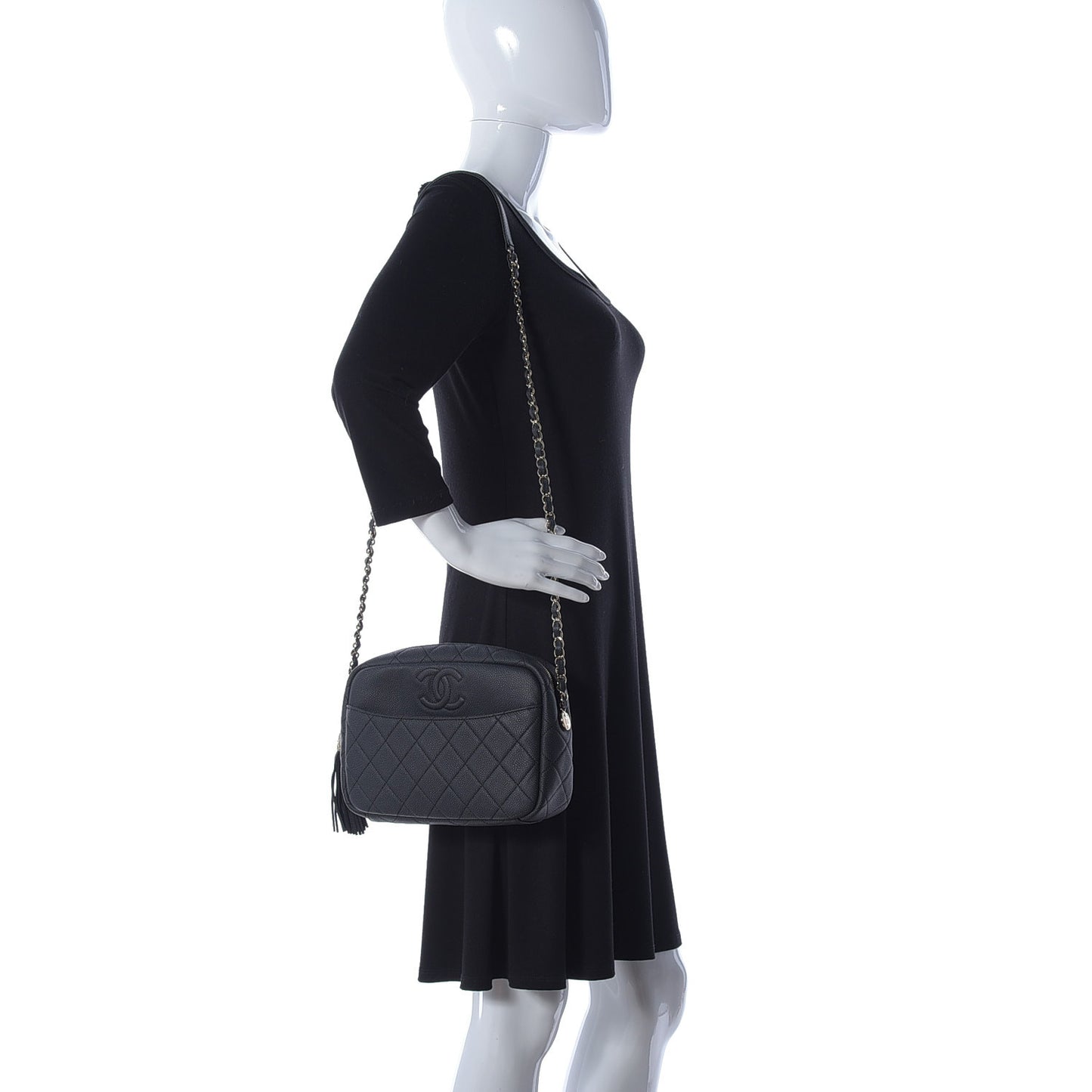 Iridescent Caviar Quilted Small Coco Tassel Camera Case Black