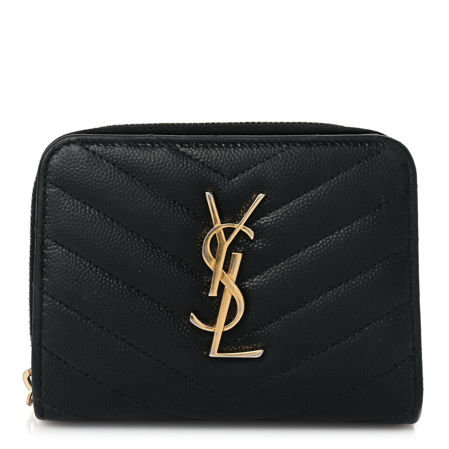 Saint Laurent Grain De Poudre Matelasse Chevron Monogram Compact Zip Around Wallet Black 1 of 7