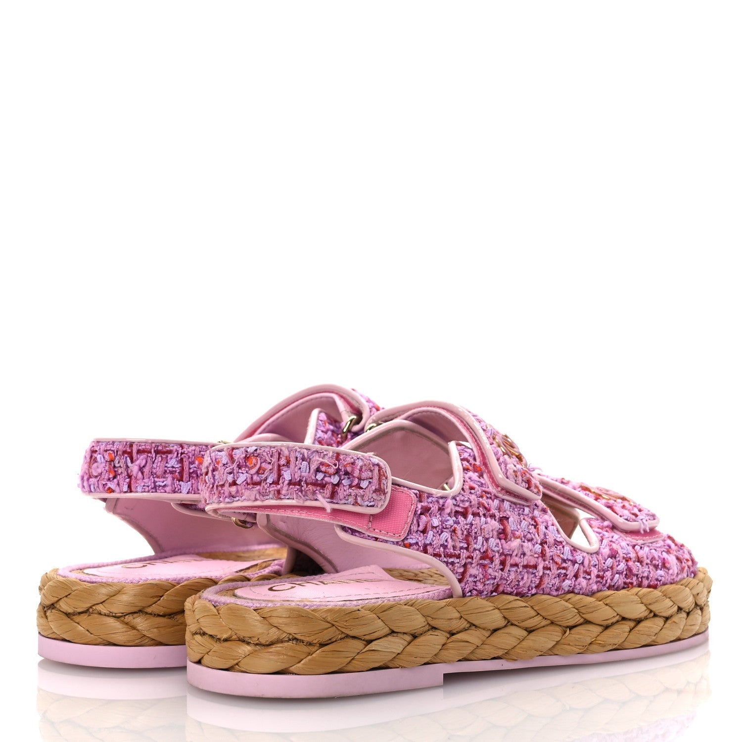Chanel Tweed Patent Calfskin Velcro Dad Sandals 36 Light Purple Pink Red 5 of 7
